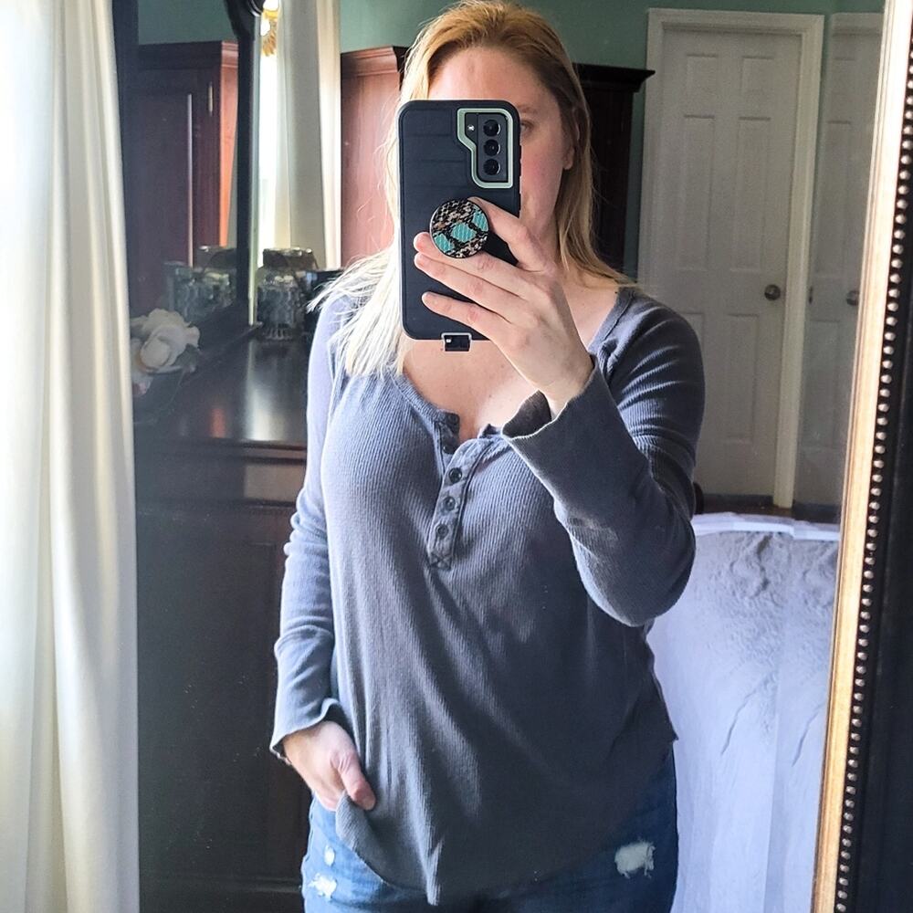 American Eagle Waffle Knit Oversized Gray Thermal Small Long Sleeve Scoop Neck